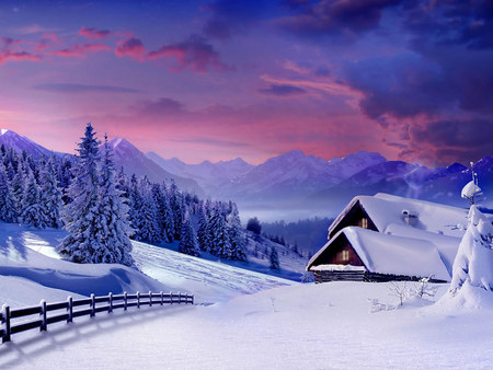 A Beautiful Winter Sunset - sky, purple, fence, pink, snow, sunset, pines, cabins