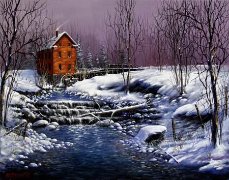 Benson Grist Mill - rapids, cold, snow, river, winter, mill