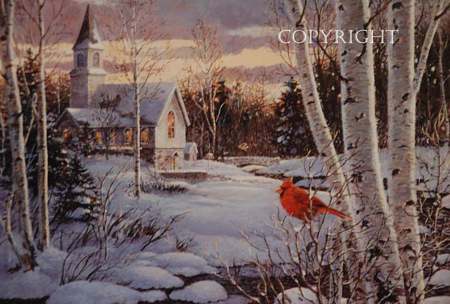 The Cardinal And The Church - cardinal, winter, snow, stream, birches