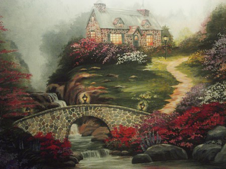 The Cottage In The Sky - cottage, hill, stream, waterfalls, path, rocks, painting, art, flowers, bridge, lights