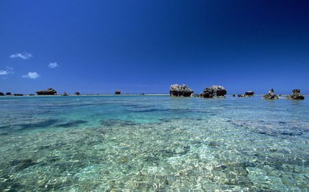 Lagoon - clouds, lagoon, blue, beach, beautiful, rock, ocean, aquuamarine, shallow, little, sky, formations