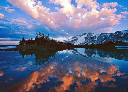 September mountain - clouds, trees, water, snowy peaks, ocean, reflection, pink, mountain, dawn, white, sky