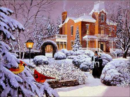 The Big House At The End Of The Lane - winter, people, mansion, beautiful, snow, bushes, cardinals, pines, historic