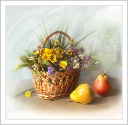 still life - beautiful, photography, photo, cool, flower, still life, bouquet, harmony, flowers, pear, basket, fruit, nice