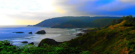 BEACH OF PARADISE - rock, montain, plants, beach, hills, trees, ocean