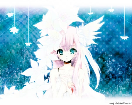 Megurine Luka - pretty, anime, vocaloid, birds, blue, pink, leaves, luka, shiny, beauitful, pink hair, blue eyes, megurine, white, megurine luka, cute, feathers, leaf, vocaloids