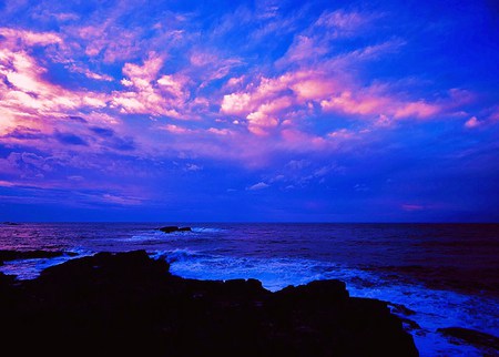 Ocean blues - sky, ocean, shoreline, evening, pink clouds