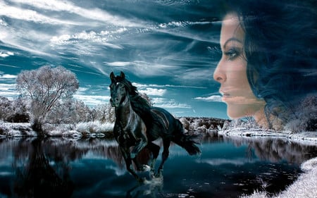 Bezici Kun - fantasy, water, woman, amazing, beautiful, girl, horse, sky