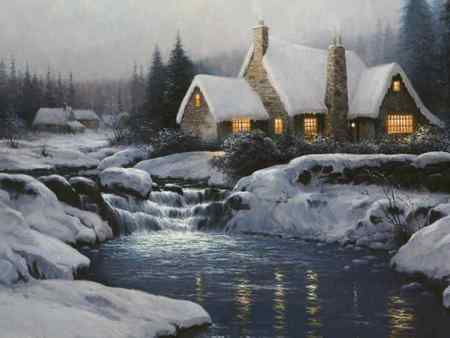 Happy Together - warm, house, winter, falls, cold, stream, country