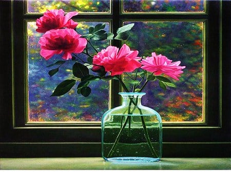 In an autumn window - roses, pink, water, sunlight, window, vase, autumn season