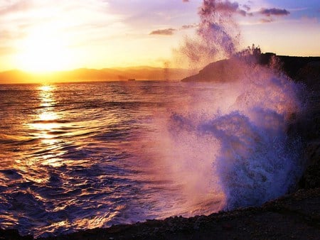 Sunset dance - ocean, sunset, wave, foam, rocks, gold, reflections, evening, splash