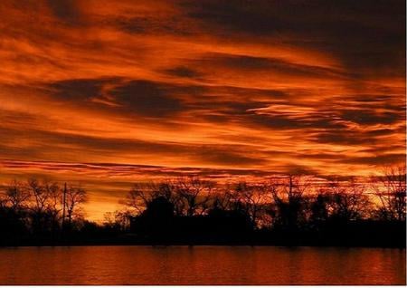 RED - reflections, clouds, trees, sunset, water, red colors, sky