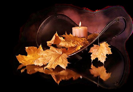 Autumn light - flame, candle, reflection, leaves, design, golden color