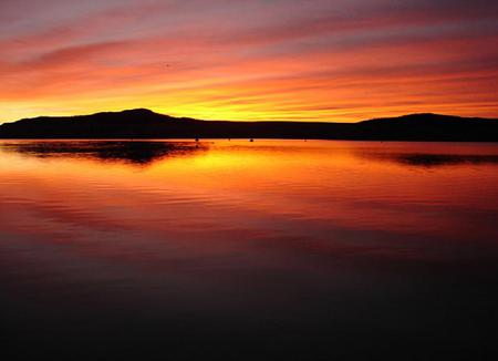 Elephant butter lake - lake, horizon, morning, hills, red and gold color, sunrise, calm