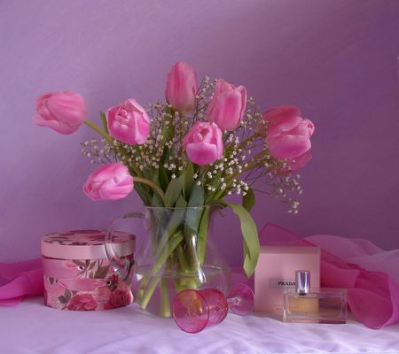 still life - pink, photo, gentle, flowers, box, nice, water, perfume, beautiful, photography, cool, still life, flower, bouquet, harmony, tulips, cup