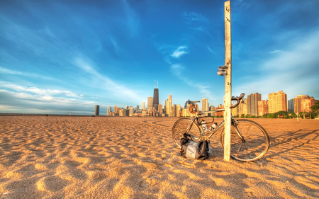 On The Beach - clouds, trees, summer, beach, beautiful, colors, city, buildings, architecture, sand, nature, bycicle, houses, peaceful, sky