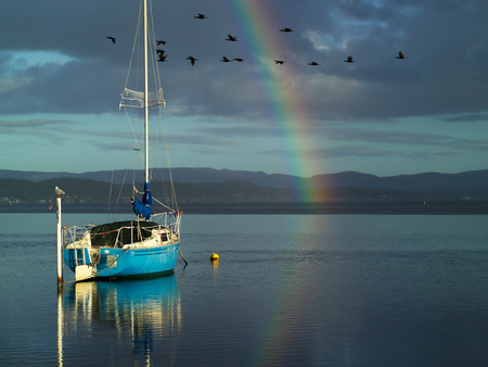 Rainbow Elegance - sky, lake, sun, boat, birds