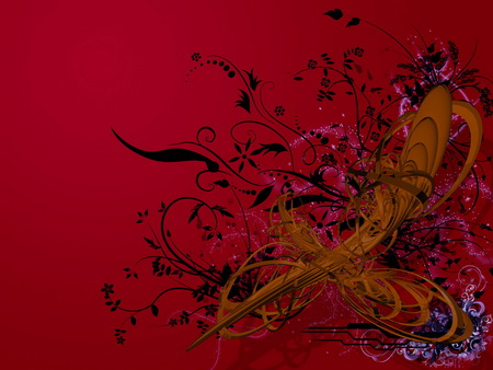 Red C4D - red, flower, fantasy, black, orange, 3d, abstract