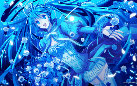 Hatsune Miku - pretty, anime, vocaloid, blue, twintail, hatsune miku, flowers, blue hair, blue eyes, skirt, beautiful, hot, thighhighs, miku, cute, hatsune, sexy, vocaloids