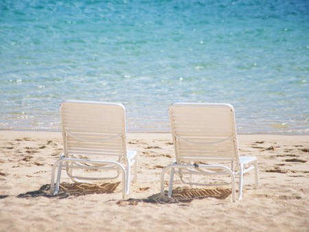 Deck Chairs On Sandy Beach - beaches, nature, hawaii, sand, sea, deck chairs