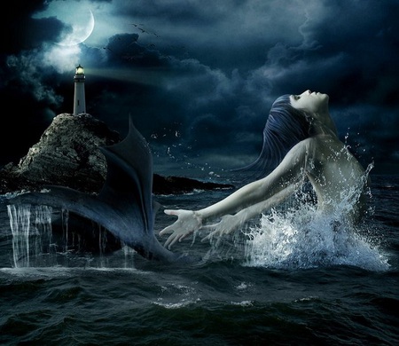 Mermaid by moonlight - hill, clouds, moon, lighthouse, mermais, tail, moonlight, woman, waves, splash