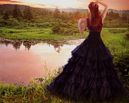 Sunset breeze - black, fantasy, nature, woman