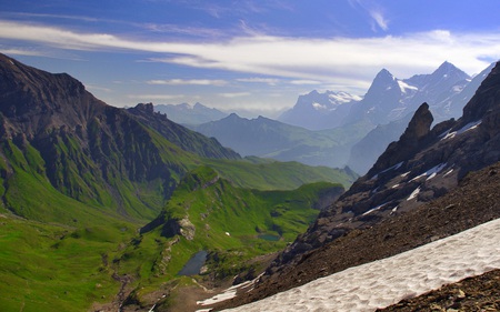 Beautiful Switzerland - clouds, blue, snow, valley, alpine, green, mountains, lakes, sky