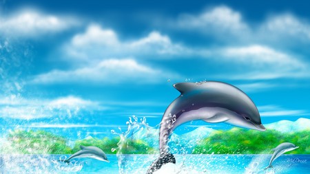 Dolphin Dance - dolphins, sky, water, clouds, firefox persona, sea, ocean