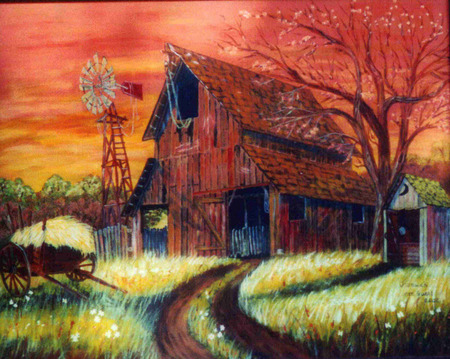 The Old Driving Shed - farm, wild flowers, hay, sunset, trail, wagon, red, memories, grasses, windmill, golden, barn