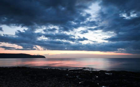 Sunset in Izola - calm, clouds, coastline, beach, sea, colors, reflection, rocky, twilight