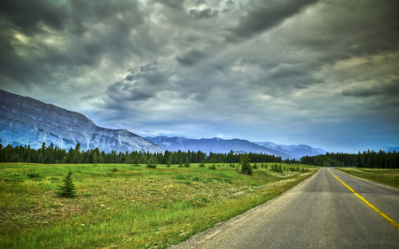 Road to the Mountains - granite, clouds, beautiful, forest, blacktop, nature, green, lane, two, mountains