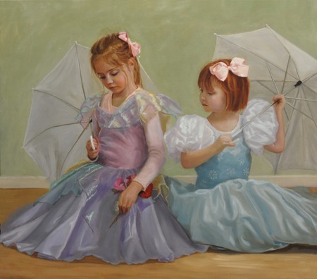 Sister's - flowers, dresses, play, grown up, sweet, hair, umbrellas