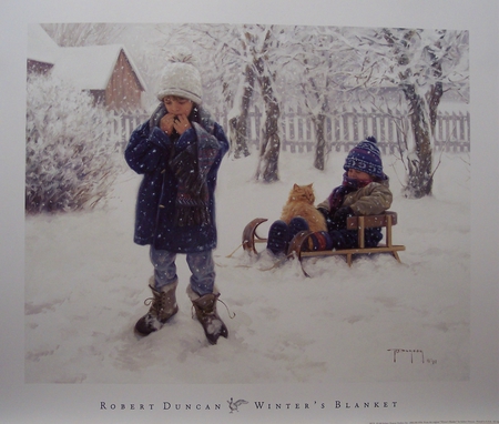 A Winter Blanket - winter, coldtrees, sister, snowy, brother sleigh, cat