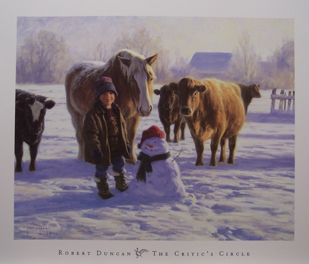 The Critics - fun, snowman, winter, fields, snow, audience, cows, boy, horses, amusement, field, country, farm