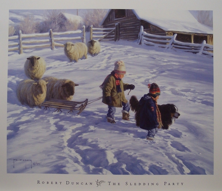 Sledding Party - sheep, fun, children, dog, sleigh, snow, winter