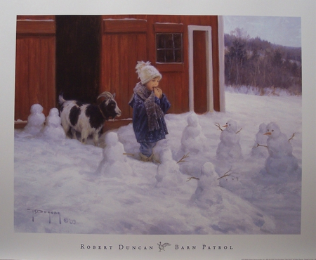 Barn Patrol - pals, girl, red, winter, sweet, little snow men, goat, barn