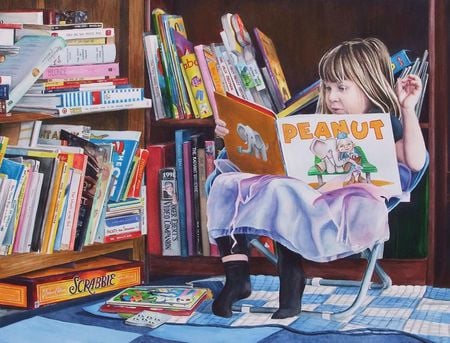 Mabel - library, peanuts, chair, girl, books, reading