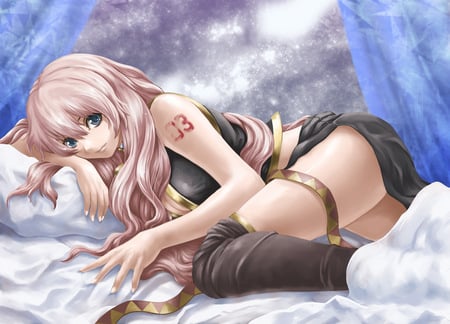 Megurine Luka - bed, hot, thighhighs, colorful, black, white, pretty, megurine luka, anime, cute, megurine, luka, sexy, pink hair, vocaloids, beautiful, pink, vocaloid