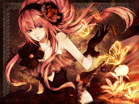 Megurine Luka - pretty, anime, vocaloid, butterflies, dress, luka, flowers, headphones, pink hair, beautiful, megurine, black, megurine luka, butterfly, cute, headset, vocaloids