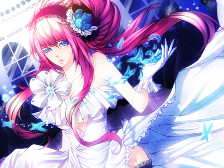 Megurine Luka - pretty, anime, vocaloid, butterflies, dress, luka, headphones, pink hair, beautiful, megurine, colorful, white, megurine luka, butterfly, cute, headset, vocaloids