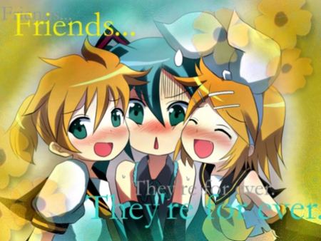 Hatsune Miku, Kagamine Rin, & Kagamine Len - pretty, blushing, anime, yellow, kawaii, blue, twintail, hatsune miku, kagamine len, flowers, rin, kagamine rin, voalcoid, blue hair, yellow hair, len, blue eyes, kagamine, miku, cute, hatsune, bow, vocaloids