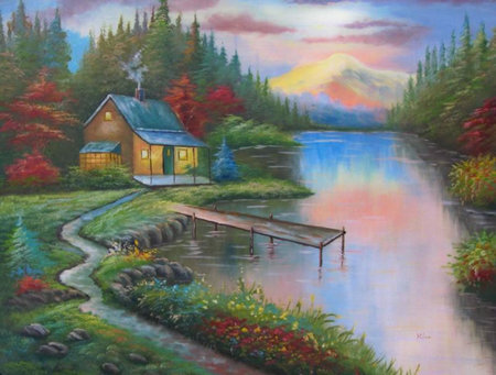 A River In The Evening - trees, colour, cabin, change, dock, reflection, flowers, river, trail, sunset