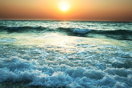 HQ SUNSET - sunset, water, beautiful, waves, ocean, sun