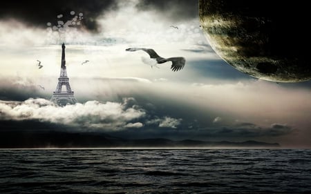 Different world - france, eagle, sky, world, eiffel, moon, different