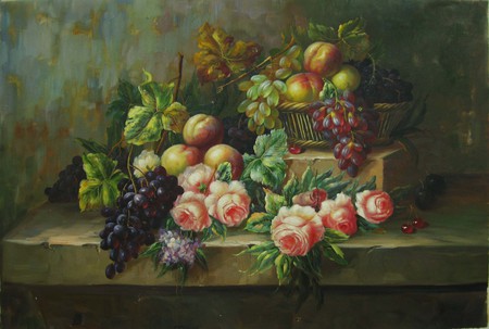 Still Life Arrangement - colour, fruits, shelf, flowers, container