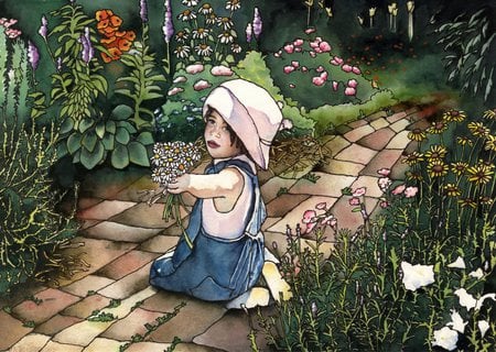 Picking Daisies - girl, hat, walkway, flowres, coveralls, daisies, garden