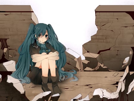 Hatsune Miku - pretty, anime, vocaloid, blue, twintail, thighhighs, hatsune miku, broken wall, miku, blue hair, cute, hatsune, vocaloids, wall, blue eyes