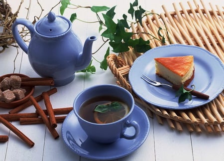 Cinnamon tea - cinnamon, blue, tea, cake, cup