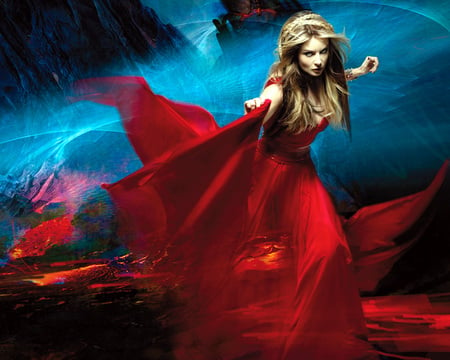 Red Queen - pretty, female, face, opera, women, abstract, gown, hair, body, girls, colours, wind, yellow, elegant, people, blue, dress, blonde, veils, red, lightning, sky, silk, beautiful, photography, photoshop, figure, singer, girl, sarah brightman, models, orange, black, fantasy, woman