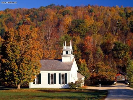 Chapel At The Bottom Of The Hill - colour, fall, trees, church, grass, road, turning